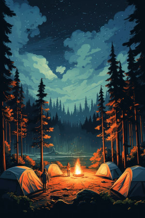 A couple of people standing in front of a campfire. Generative AI image.の素材