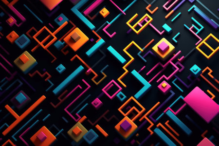 A black background with colorful squares and rectangles. Generative AI image.の素材