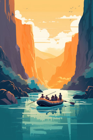 A couple of people in a raft on a river. Generative AI image.の素材