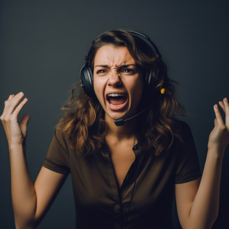 A woman wearing a headset with her hands in the air. Generative AI image.の素材