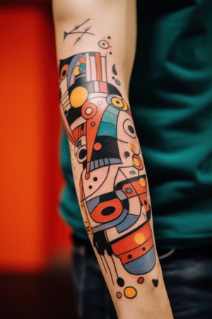 A man with a colorful tattoo on his arm. Generative AI image.の素材