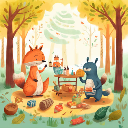 A fox and a bear are having a picnic in the woods. Generative AI image.の素材