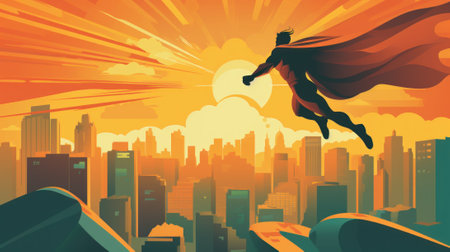 A man flying through the air over a city. Generative AI image.の素材