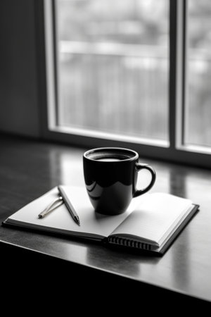 A cup of coffee sitting on top of a notebook. Generative AI image.の素材