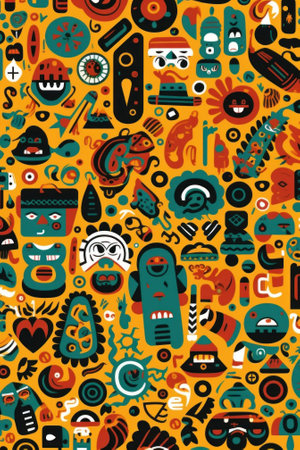 A yellow background with a variety of colorful cartoon characters. Generative AI image.の素材