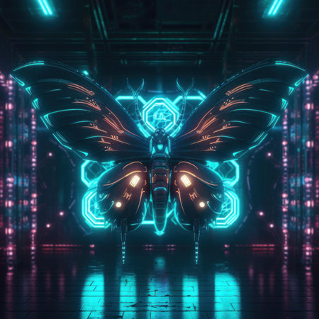 A neon butterfly in a dark room. Generative AI image.の素材