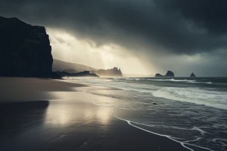 A black and white photo of a beach. Generative AI image.の素材