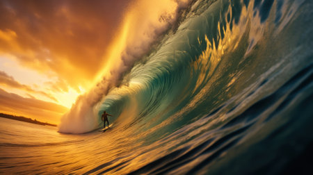 A surfer rides a large wave at sunset. Generative AI image.の素材