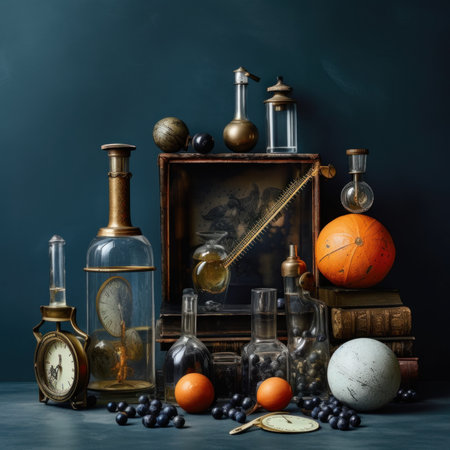 A bunch of bottles and a clock on a table. Generative AI image.の素材