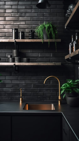 A kitchen with a black counter top and a gold faucet. Generative AI image.の素材