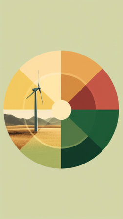 A wind turbine in a field with a sun in the background. Generative AI image.の素材