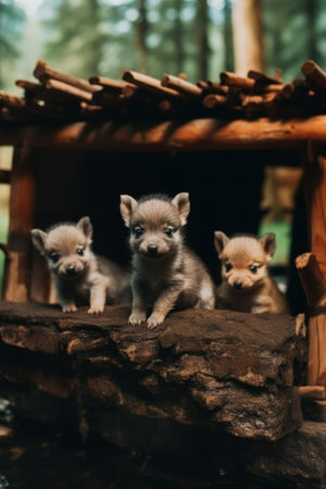 A group of small kittens sitting on top of a log. Generative AI image.の素材
