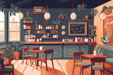 An illustration of a coffee shop with tables and chairs. Generative AI image.の素材
