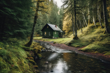 A small cabin in the middle of a forest. Generative AI image.の素材