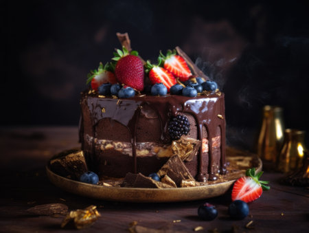 A chocolate cake with strawberries and blueberries on a plate. Generative AI image.の素材