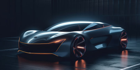 A futuristic sports car in a dark room. Generative AI image.の素材