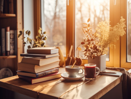 A cup of coffee and a stack of books on a table. Generative AI image.の素材