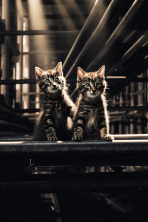 Two kittens sitting on top of a metal rail. Generative AI image.の素材