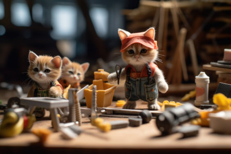 A couple of cats that are sitting on a table. Generative AI image.の素材