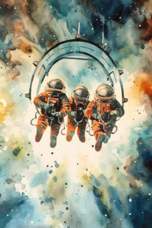 A painting of three astronauts floating in space. Generative AI image.の素材