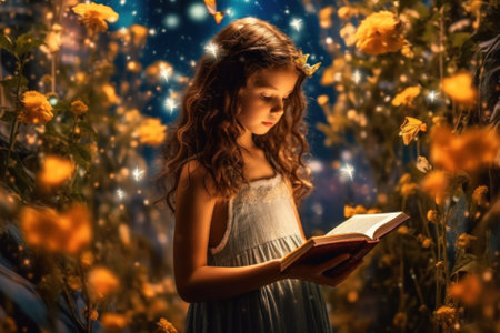 A little girl reading a book in a field of flowers. Generative AI image.の素材
