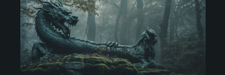 A statue of a dragon in a forest. Generative AI image.の素材