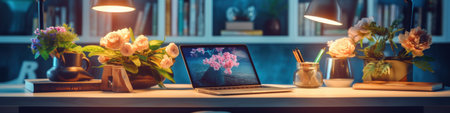 A laptop computer sitting on top of a wooden desk. Generative AI image.の素材