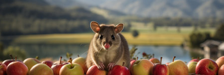 A rat sitting on top of a pile of apples. Generative AI image.の素材