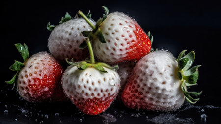 A group of strawberries sitting on top of a black surface. Generative AI image.の素材