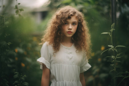 A young girl in a white dress standing in a garden. Generative AI image.の素材