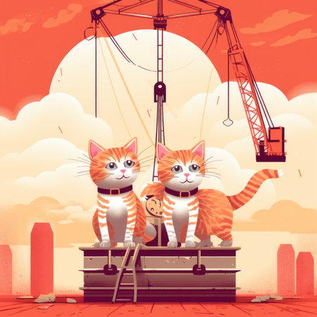 A couple of cats sitting on top of a boat. Generative AI image.の素材