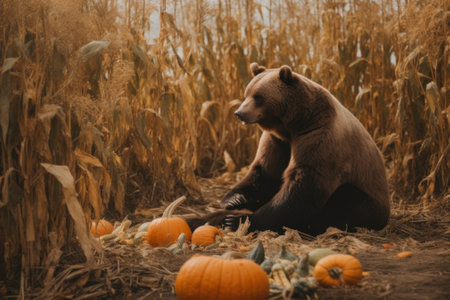 A brown bear sitting in a field of pumpkins. Generative AI image.の素材