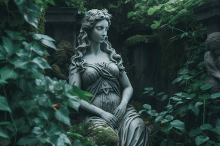 A statue of a woman sitting in a garden. Generative AI image.の素材