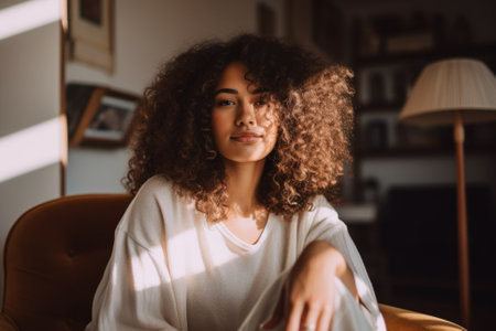 A woman with curly hair sitting in a chair. Generative AI image.の素材