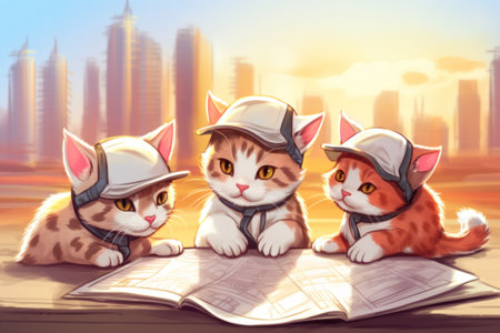 Three cats sitting on top of a newspaper. Generative AI image.の素材