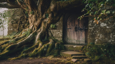 A tree that is next to a door. Generative AI image.の素材