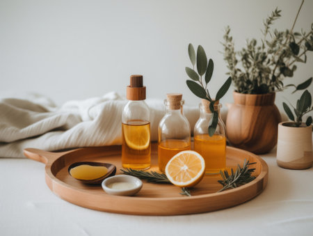A wooden tray topped with two bottles of oil and a slice of lemon. Generative AI image.の素材
