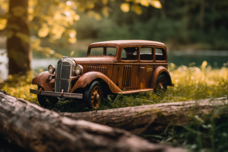 A toy car sitting on top of a lush green field. Generative AI image.の素材