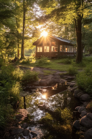 A cabin in the woods with the sun shining through the trees. Generative AI image.の素材