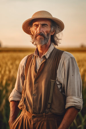 A man in a hat standing in a field. Generative AI image.の素材