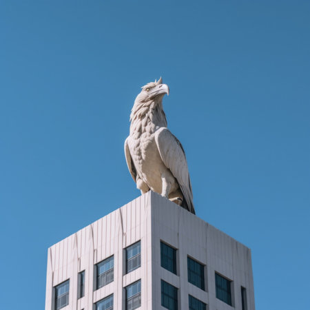 A bird perched on top of a tall building. Generative AI image.の素材