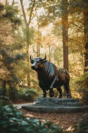 A statue of a bull in a wooded area. Generative AI image.の素材