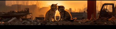 A couple of cats sitting on top of a pile of rubble. Generative AI image.の素材