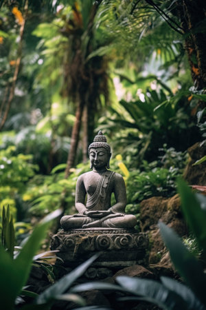A buddha statue sitting in the middle of a forest. Generative AI image.の素材