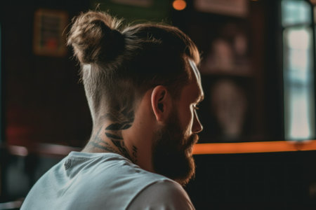 A man with a beard and a bun on his head. Generative AI image.の素材