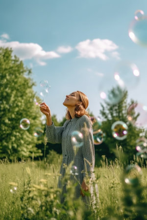 A woman is blowing bubbles in a field. Generative AI image.の素材
