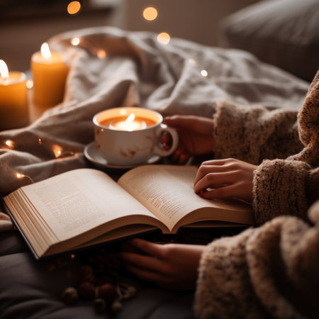 A person sitting on a bed with a book and a cup of coffee. Generative AI image.の素材