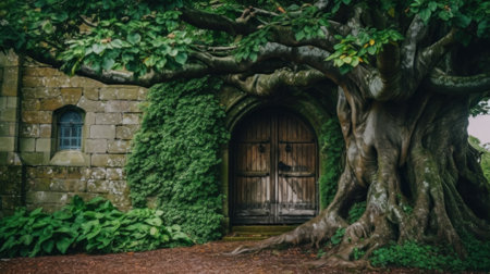 An old tree in front of a stone building. Generative AI image.の素材