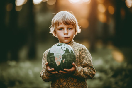 A young boy holding a globe in his hands. Generative AI image.の素材