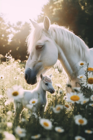 A white horse standing next to a baby horse in a field of flowers. Generative AI image.の素材